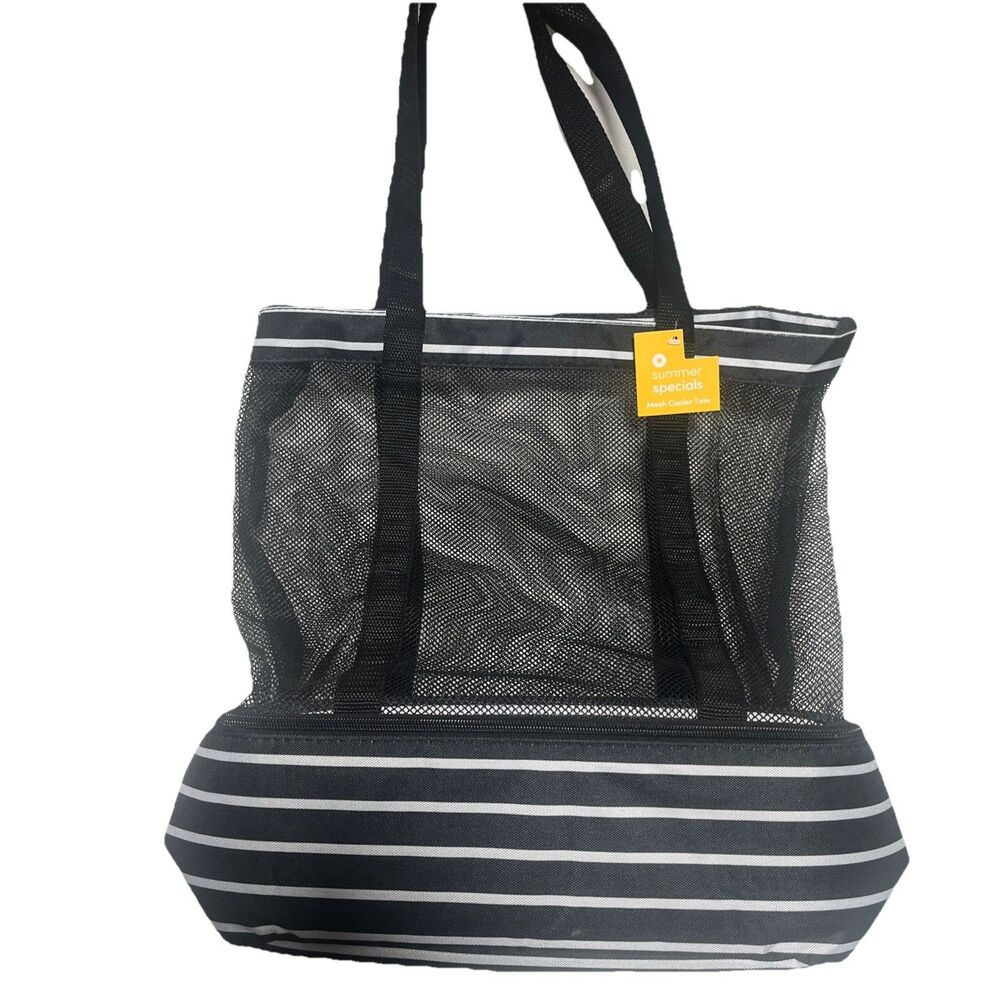 Black  and white Mesh Beach Bag with Insulated Cooler Bottom - Picture 2 of 4